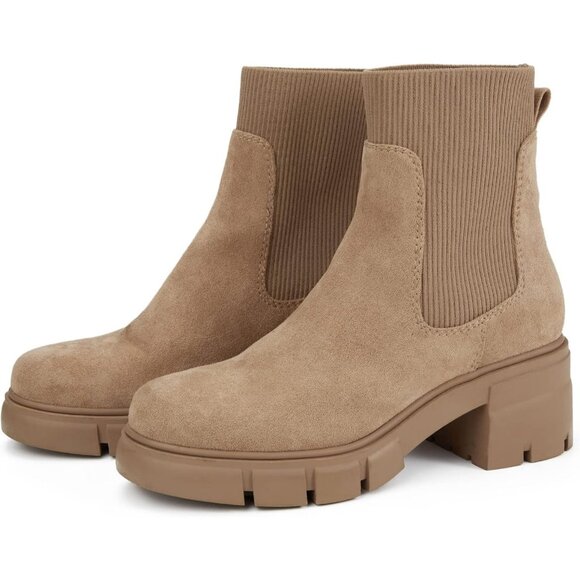 Women's Beige Suede Elastic Chelsea Boots Chunky Block Heel Platform Ankle Boots - Picture 7 of 7